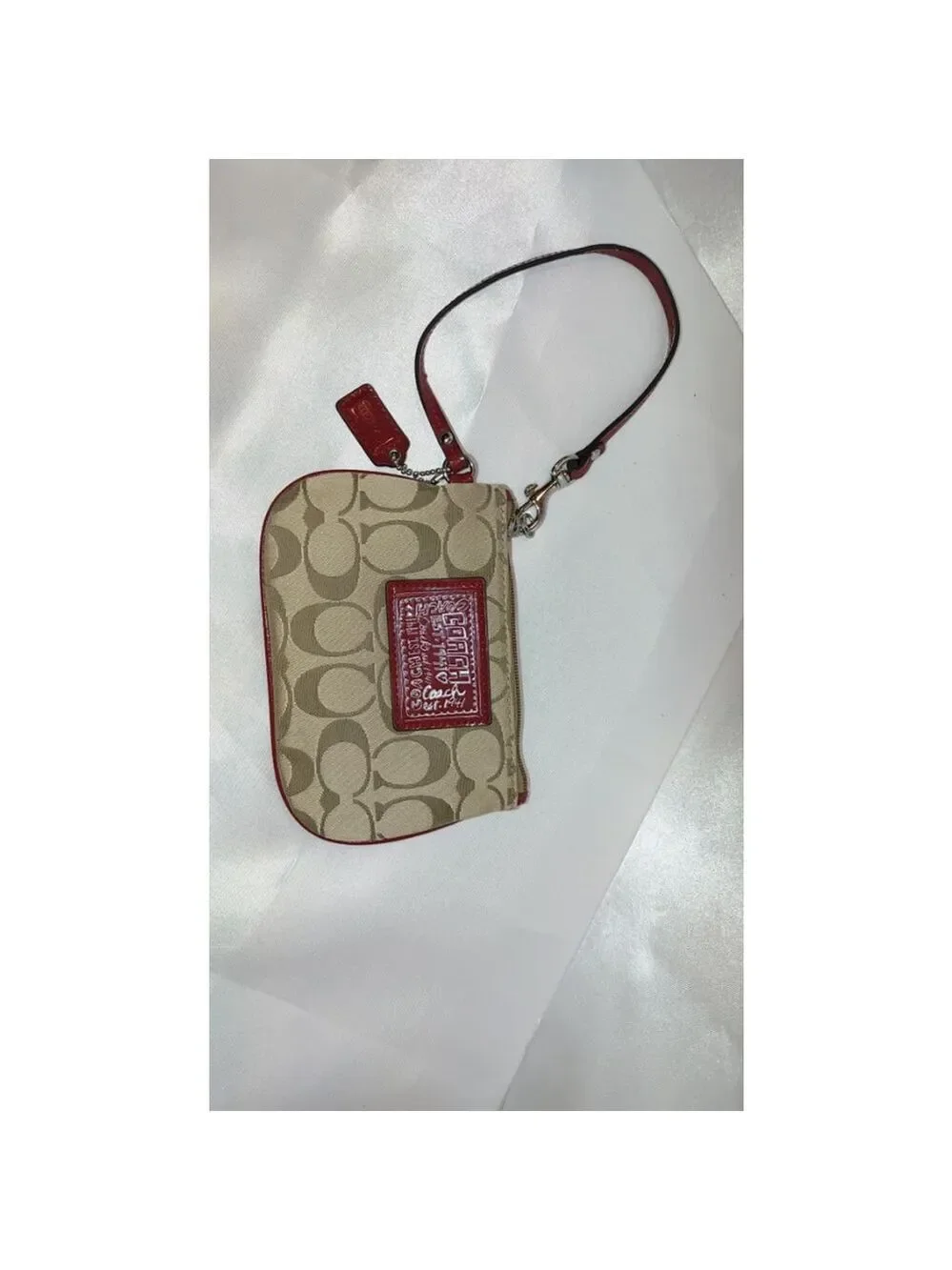 Coach Poppy Jacquard Wristlet Small Beige and Red